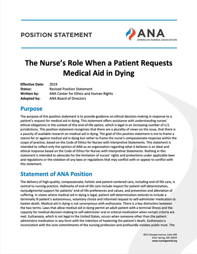 ANA Position Statement: The Nurses Role - Ohio End Of Life Options